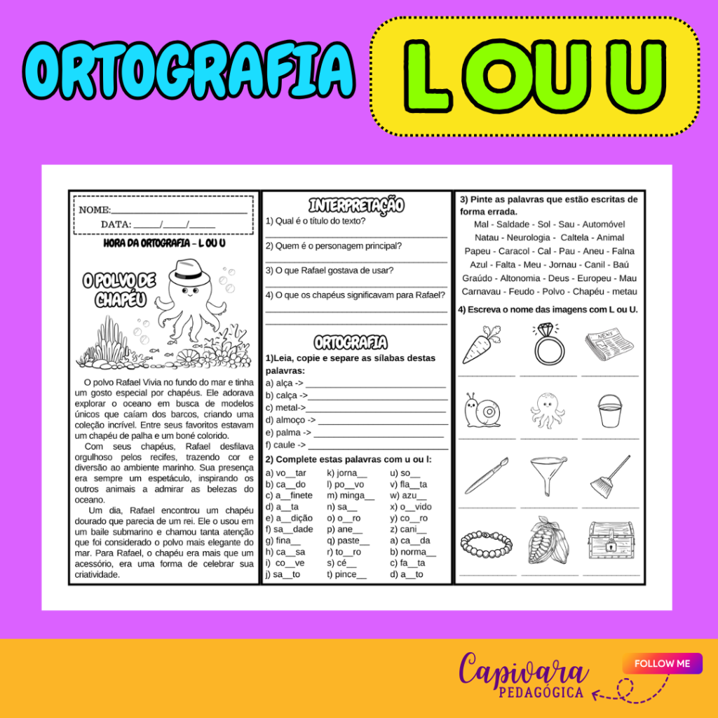 TREINO ORTOGRÁFICO – L ou U – Capivara Pedagógica